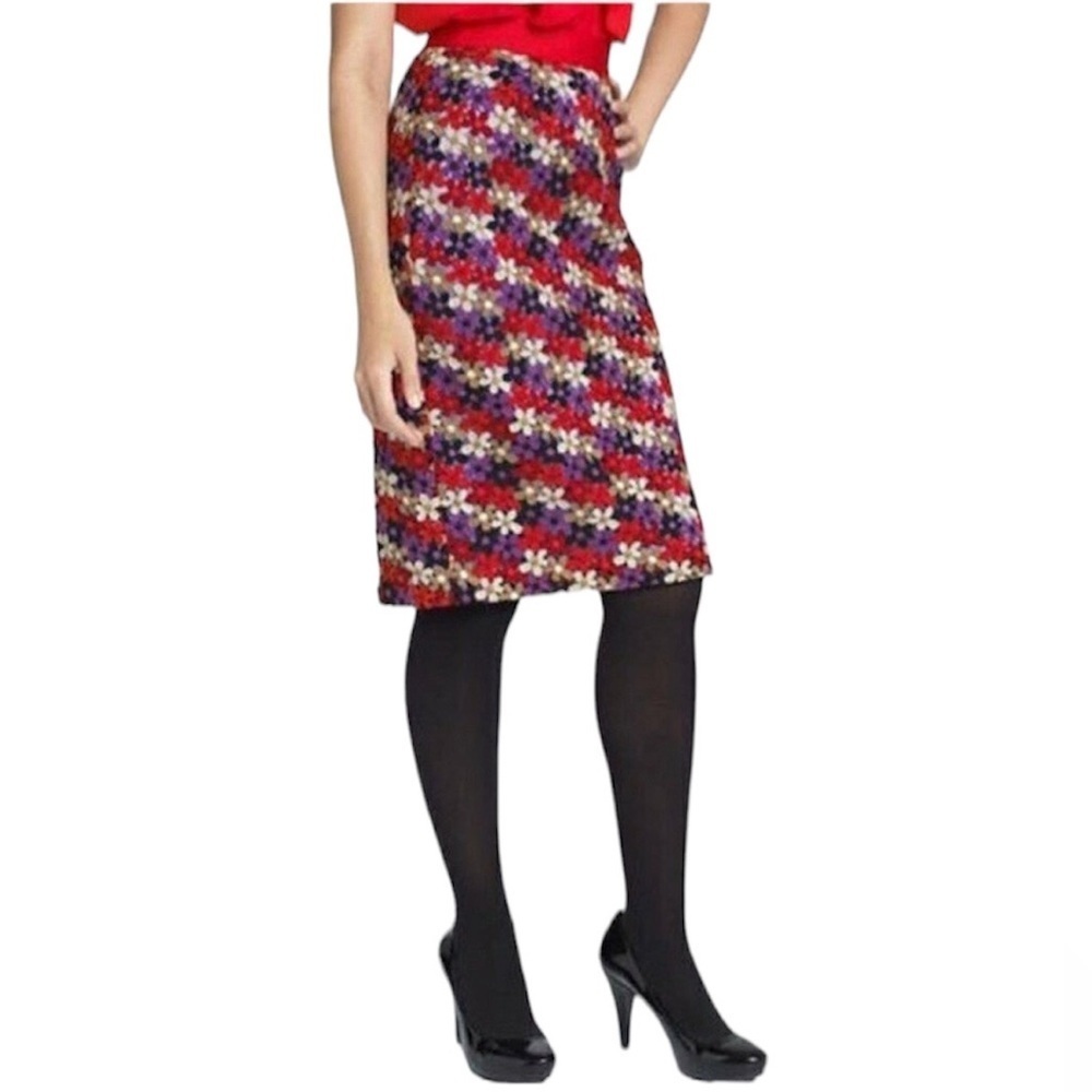Kate Spade Red Purple Floral Crochet Knit Flower  Print Pencil Skirt size 6